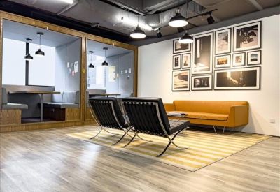 Spacious reception area with a dark desk, wooden accents, and a lime green floor runner.
