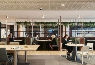 Open-plan workspace with booth seating, white tables, and hanging greenery.