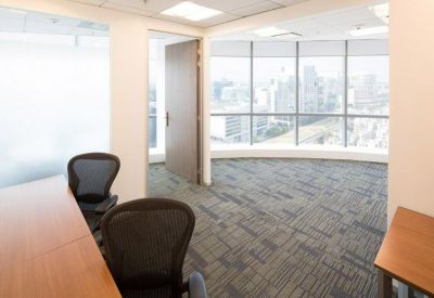 Private office suite with a large window overlooking the city skyline.