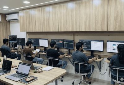 Modern open-plan office with multiple developers working at desks with dual monitors.