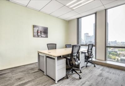 Four-person office with large windows and city views.
