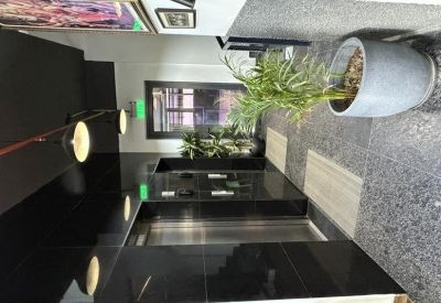 Modern lobby entrance with an elevator, black marble walls, and indoor plants.