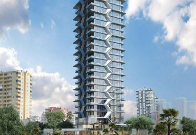 Architectural rendering of the modern high-rise Ekinci Global İş Merkezi Sit. No: 5 with a unique zig-zag facade.