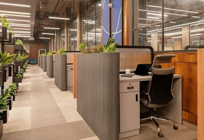 Row of modern workstations divided by gray partitions and topped with greenery.