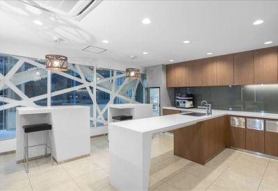 Contemporary breakout kitchen with a large white island and wood cabinetry.