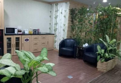 Breakout area with blue armchairs, indoor plants, and a kitchenette.