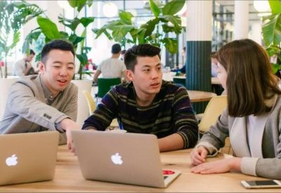 Group of professionals collaborating around laptops in a bright meeting room with large plants.