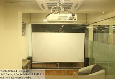 Presentation room featuring a large projector screen and overhead projector.
