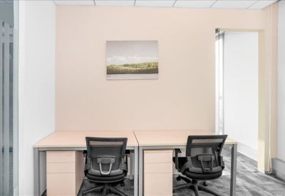 Private two-person office suite with light wood desks and ergonomic black chairs.
