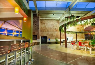 Spacious indoor cafe area with a curved walkway, bar seating, and hanging greenery.