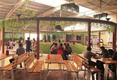 Vibrant indoor dining hall with wooden picnic tables and lush green ceiling installations.