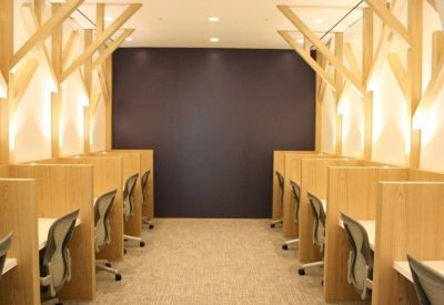 Study nook with wooden cubicles, ergonomic chairs, and branch-like wall accents.