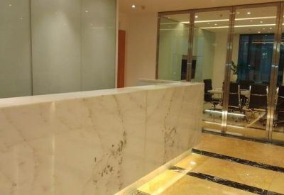 Professional marble reception desk backed by frosted glass partitions.