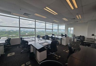 Bright open-plan workspace with multiple desks and expansive windows overlooking city greenery.
