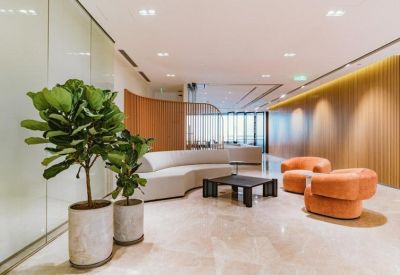Bright reception lounge with curved sofa, orange armchairs, and large potted plants.