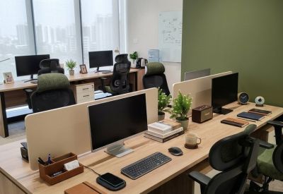 Open-plan office with wooden desks, ergonomic chairs, and green accent plants.