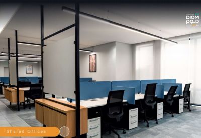 Modern shared office space with blue privacy partitions and ergonomic workstations.