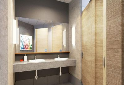 Modern restroom with dual sinks and a large mirror.