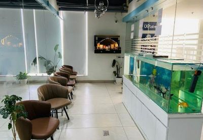 Reception and waiting area featuring a large fish tank and comfortable brown leather armchairs.
