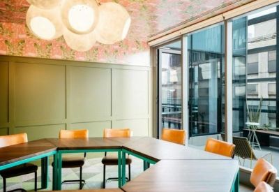 Bright meeting room with a unique wooden conference table and olive green feature wall.