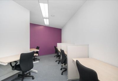 Private office suite with multiple workstations against a purple accent wall.