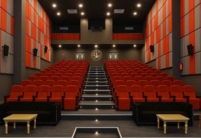 Spacious tiered auditorium with red seating and acoustic wall panels.