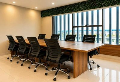 Meeting room with a large wooden table, black ergonomic chairs, and a plant-lined window.