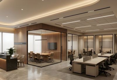 Spacious open-plan office featuring a glass-walled meeting room and multiple workstation clusters.