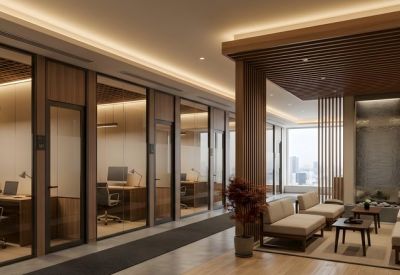 Professional meeting room with dark wood accents and comfortable tan leather chairs.
