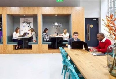 Coworking area with wooden privacy booths and a long communal table with plants.