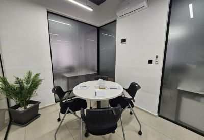 Private four-person breakout room with glass walls and a small green plant.