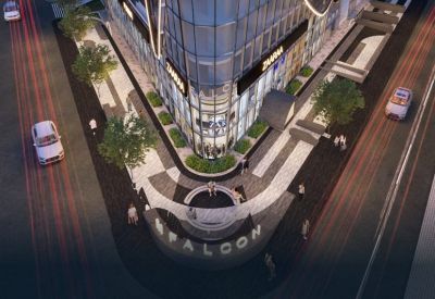 Aerial rendering of the modern curved glass facade at Redbrick Offices, M-Ramanujan, Baner.