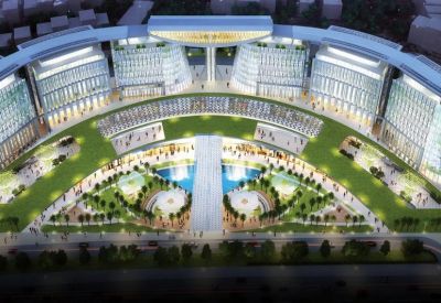 Aerial rendering of the circular glass exterior of Redbrick Offices, NBCC’s World Trade Centre, New Delhi.