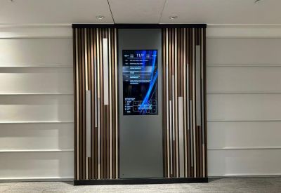 Modern office lobby feature wall with digital display, Lippo Sun Plaza, Tsim Sha Tsui