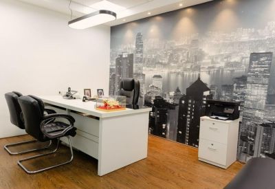 Private office suite featuring a white desk, executive chairs, and a large monochromatic city skyline mural.