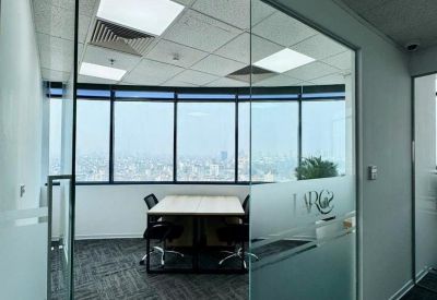 Glass-walled meeting room with views of the city skyline.