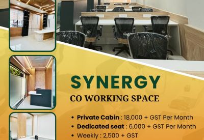 Promotional flyer for Synergy coworking space featuring various office interior shots and pricing details.