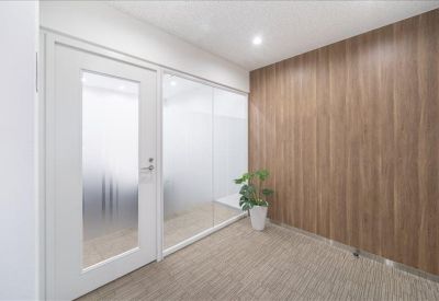 Bright hallway with a feature wood-paneled wall, potted plant, and glass partitions.