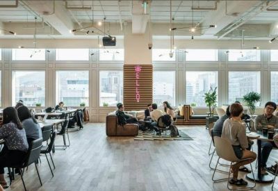 Open-plan coworking office with long desks, natural light from many windows, and indoor plants.