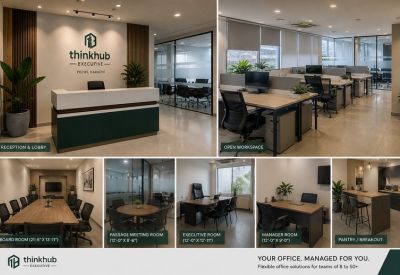 Reception and lobby at thinkhub Executive in PECHS, Karachi with a modern front desk and greenery.
