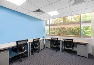Bright office space with a blue feature wall and four workstations facing a window.