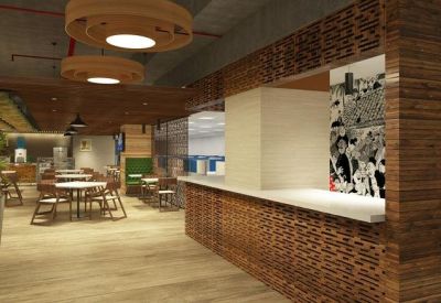 Minimalist service counter with a textured wooden front and a colorful wall mural.