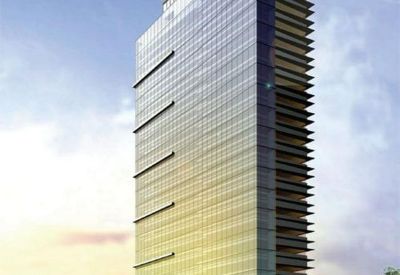 Exterior view of the contemporary Sovereign Plaza skyscraper with its distinctive curved roofline.