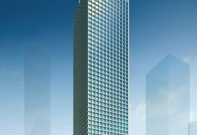 Exterior view of the glass-facade Taiping Finance Tower towering over the Shenzhen skyline.