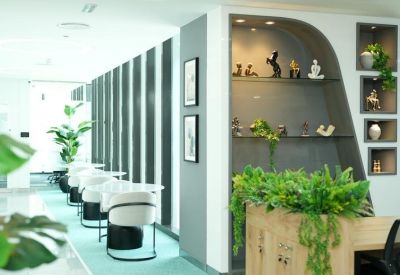 Reception area feature wall with recessed shelving for decorative items and integrated plants.