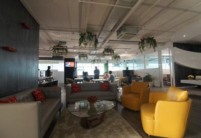 Spacious breakout lounge with grey sofas, yellow armchairs, and hanging plants.