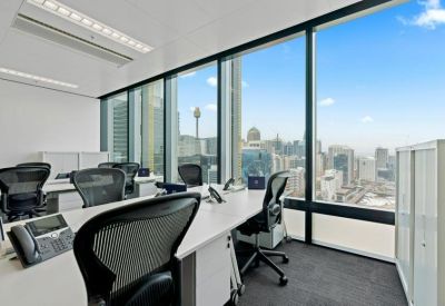 Spacious office suite with workstations and a panoramic view of the Sydney skyline.