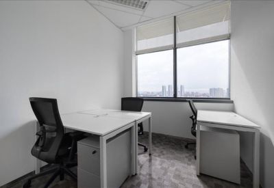 Bright three-person private office suite with large windows and city views.