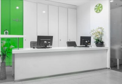 Bright white reception area with a long desk, green accent wall, and fresh flowers.