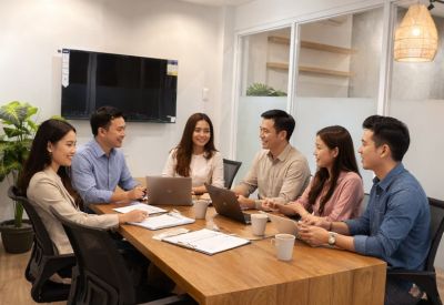 Professional meeting room with a wooden table, ergonomic chairs, and a large wall-mounted monitor.